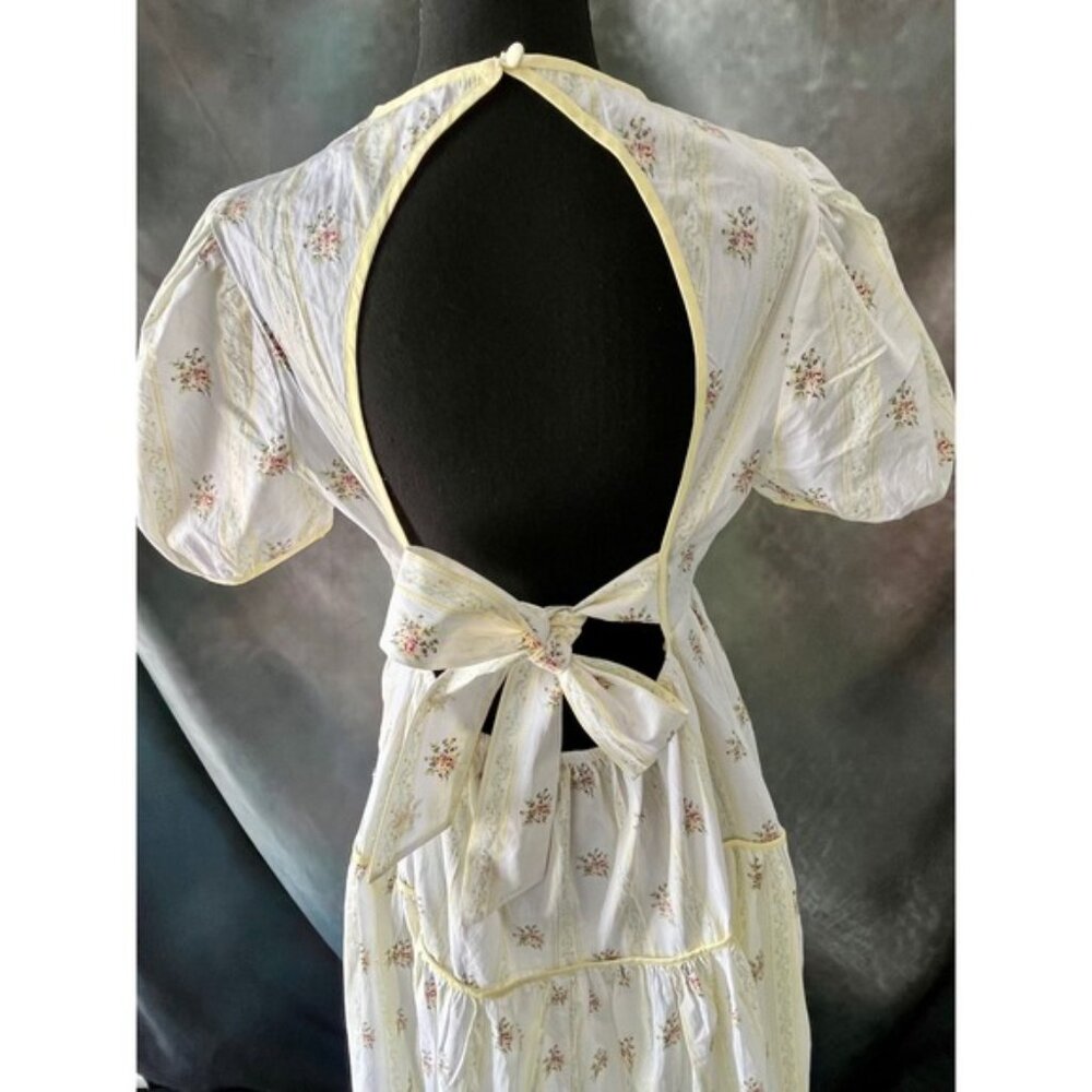 Glamorous Womens Floral Midi Dress Puff Sleeve Open Back Tie Yellow Trim - Picture 5 of 8